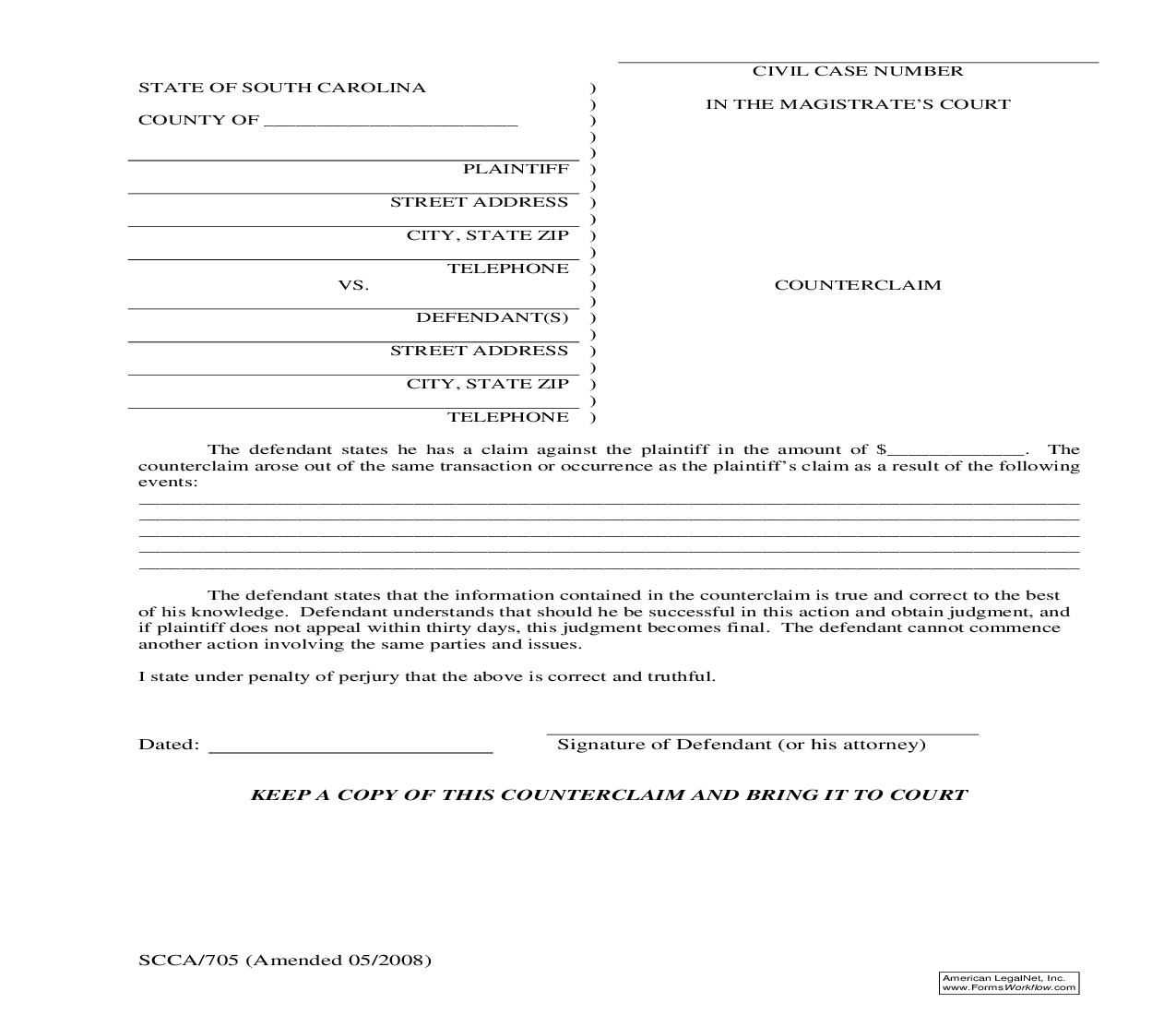 Counterclaim {SCCA-705} | Pdf Fpdf Doc Docx | South Carolina