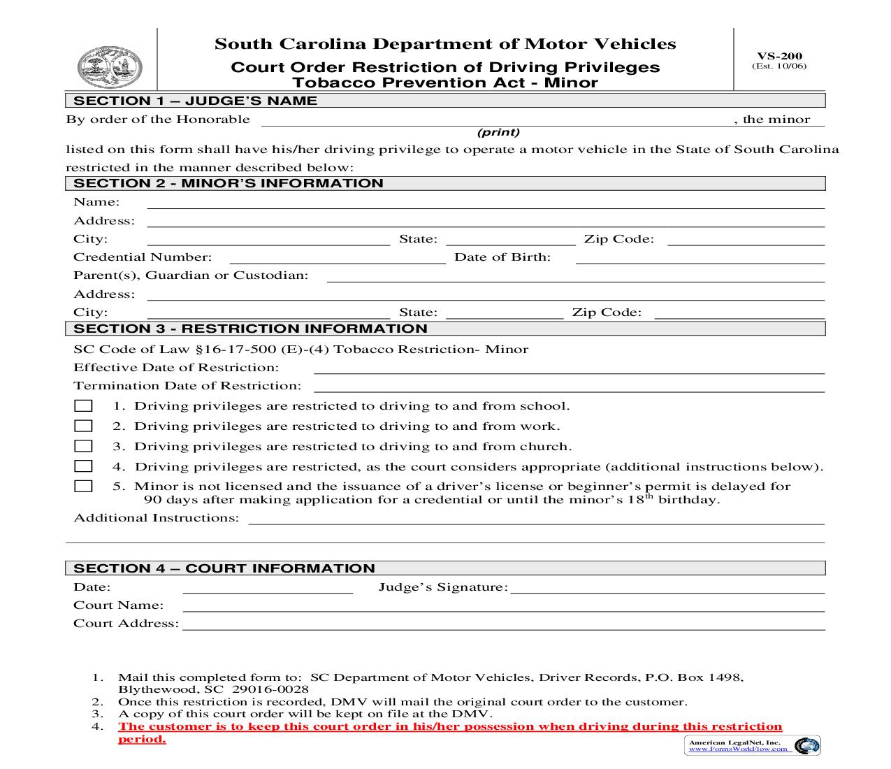 Court Order Restriction Of Driving Priviledges Tobacco Act Prevention-Minor {VS-200} | Pdf Fpdf Doc Docx | South Carolina