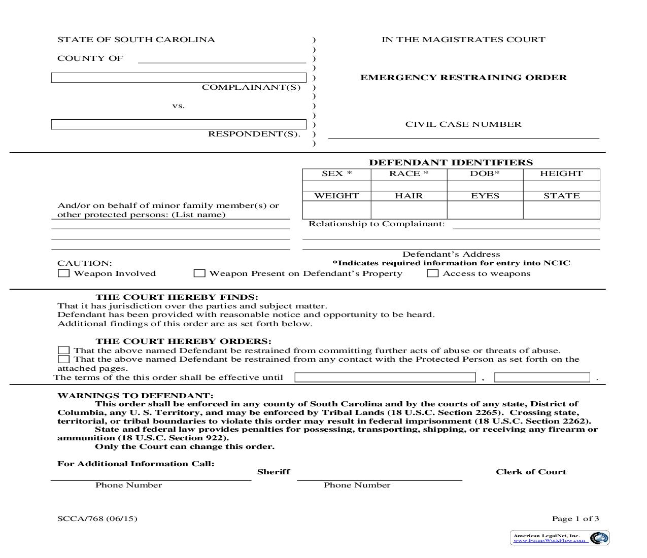 Emergency Restraining Order {SCCA-768} | Pdf Fpdf Doc Docx | South Carolina