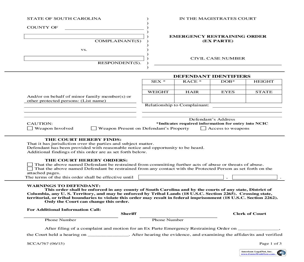 Emergency Restraining Order (Ex Parte) {SCCA-767} | Pdf Fpdf Doc Docx | South Carolina