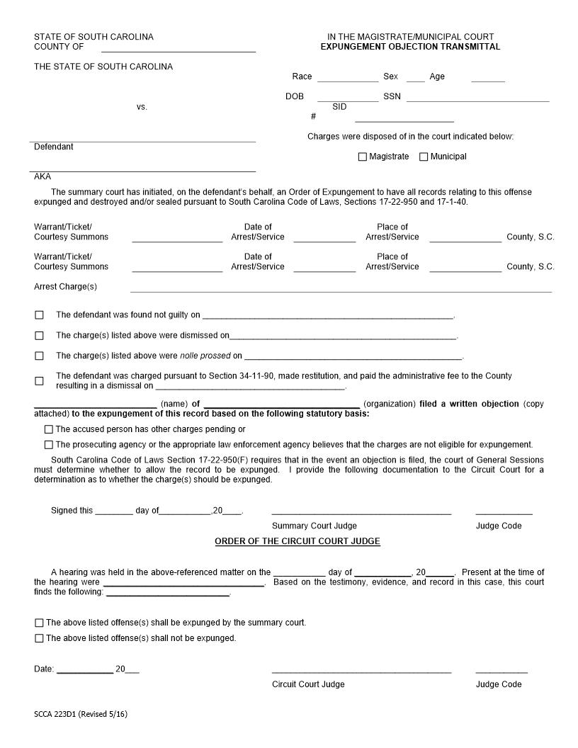 Expungement Objection Transmittal (Magistrate-Municipal Court) {SCCA223D1} | Pdf Fpdf Docx | South Carolina