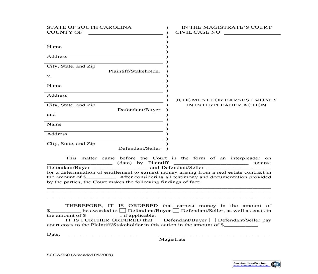 Judgment For Earnest Money In Interpleader Action {SCCA-760} | Pdf Fpdf Doc Docx | South Carolina