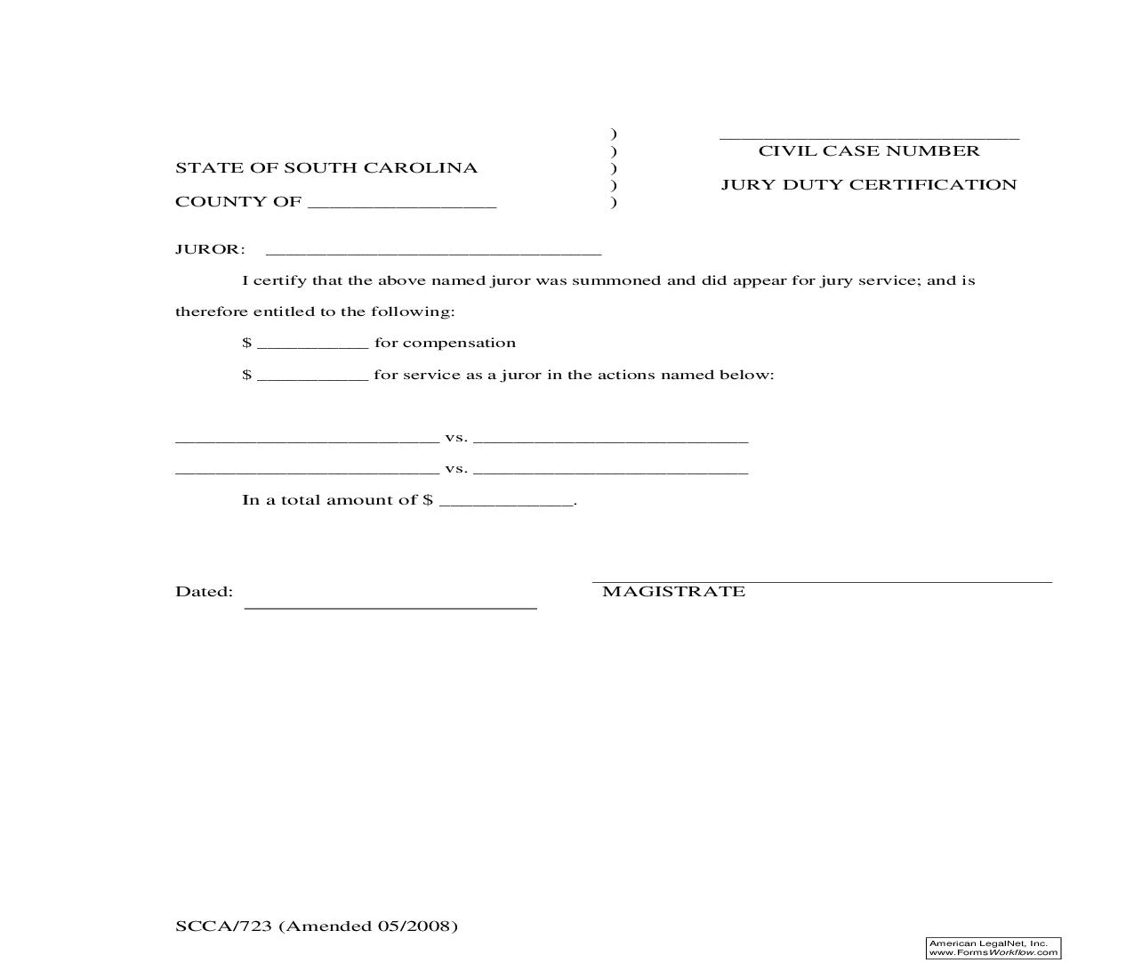 Jury Duty Certification {SCCA-723} | Pdf Fpdf Doc Docx | South Carolina