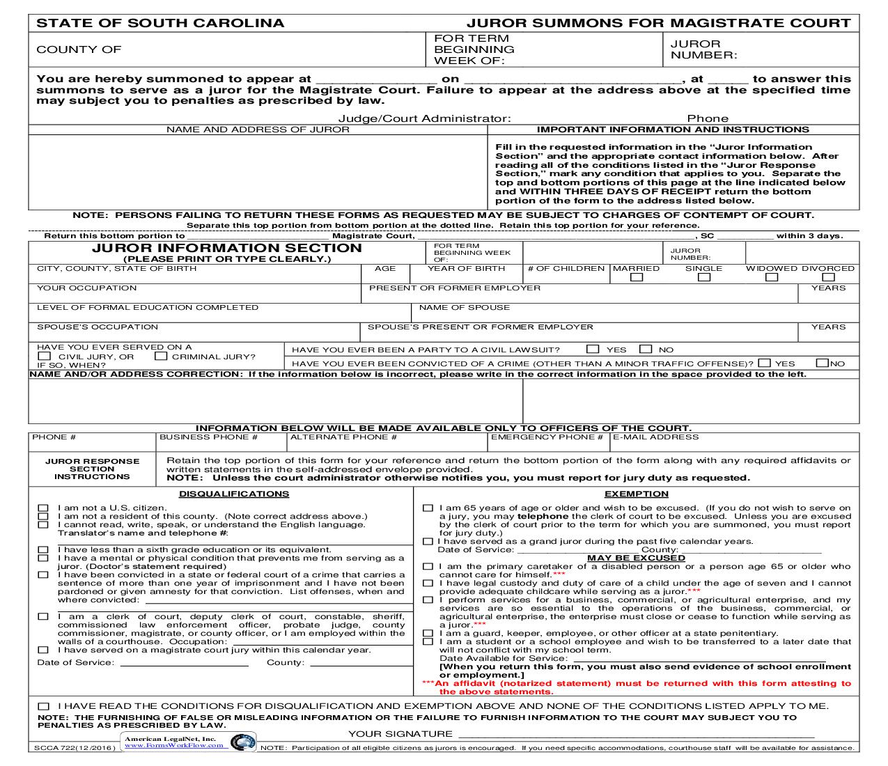 Jury Summons {SCCA-722} | Pdf Fpdf Doc Docx | South Carolina