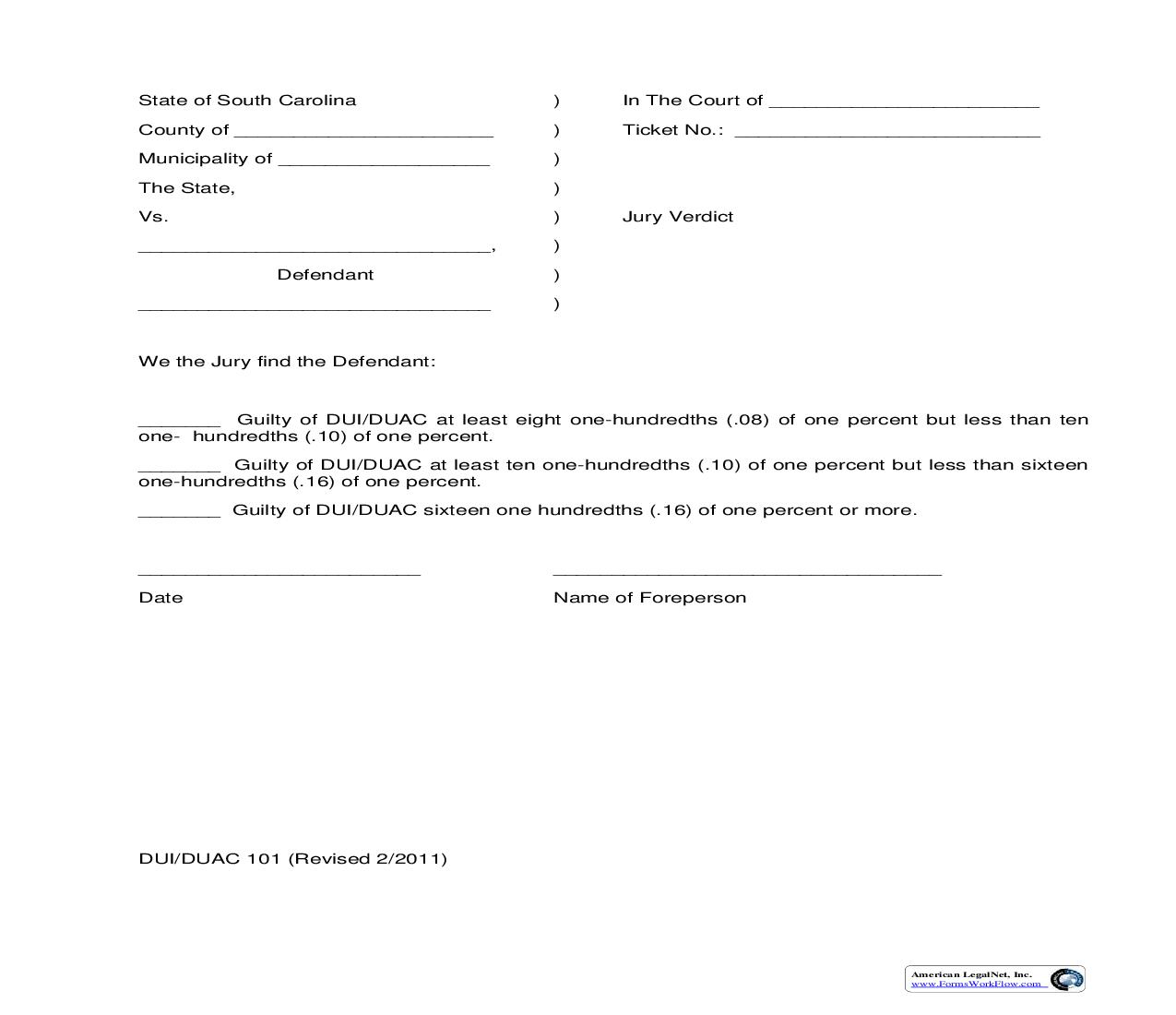 Jury Verdict {DUI-DUAC-101} | Pdf Fpdf Doc Docx | South Carolina
