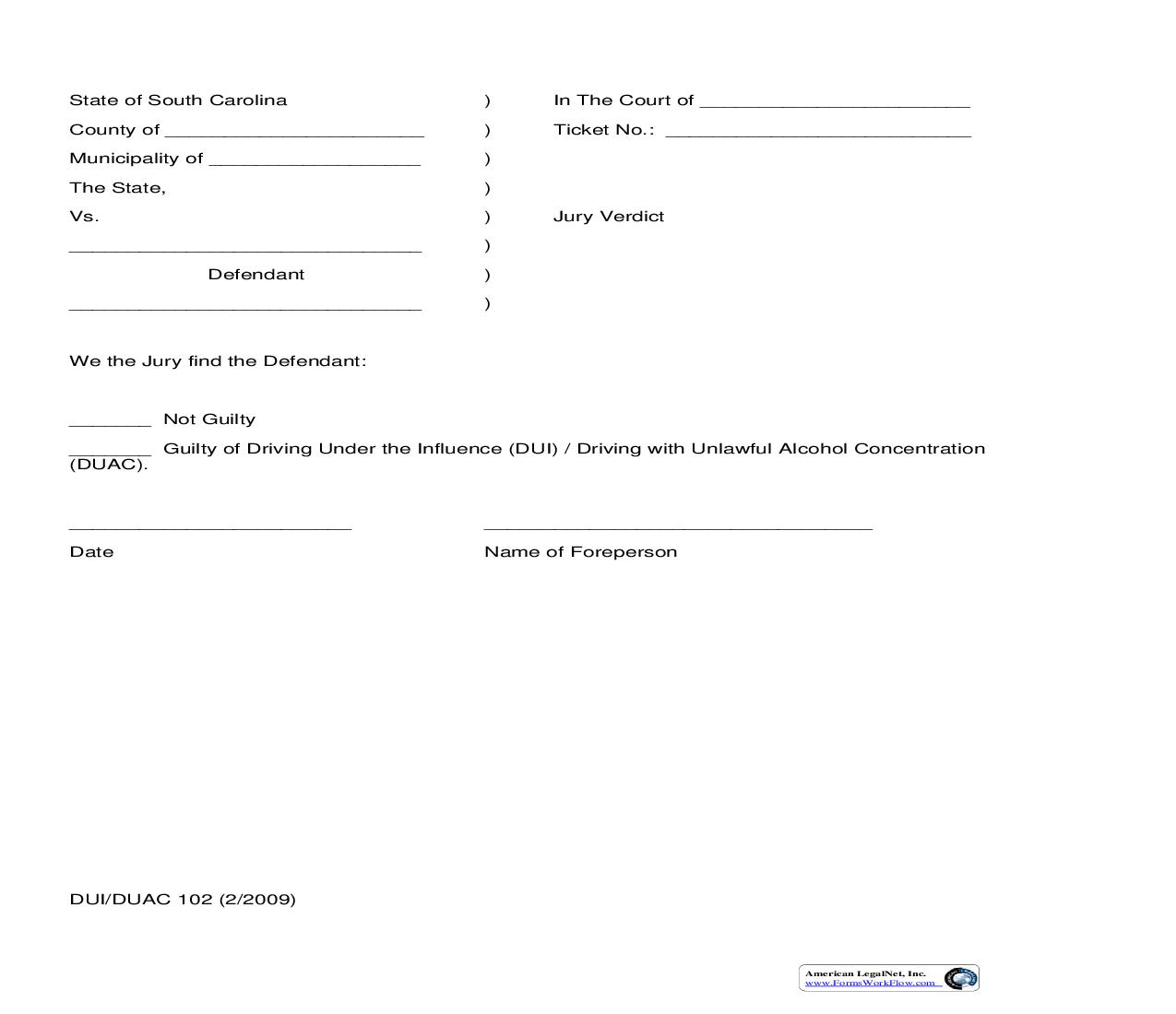 Jury Verdict {DUI-DUAC-102} | Pdf Fpdf Doc Docx | South Carolina