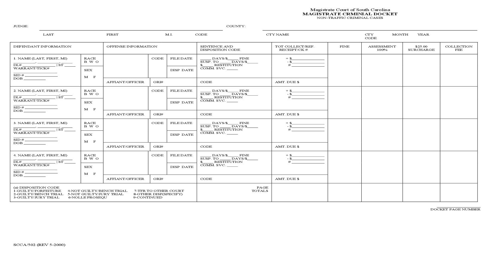 Magistrate Criminal Docket (Disposition Form) {SCCA-502} | Pdf Fpdf Doc Docx | South Carolina
