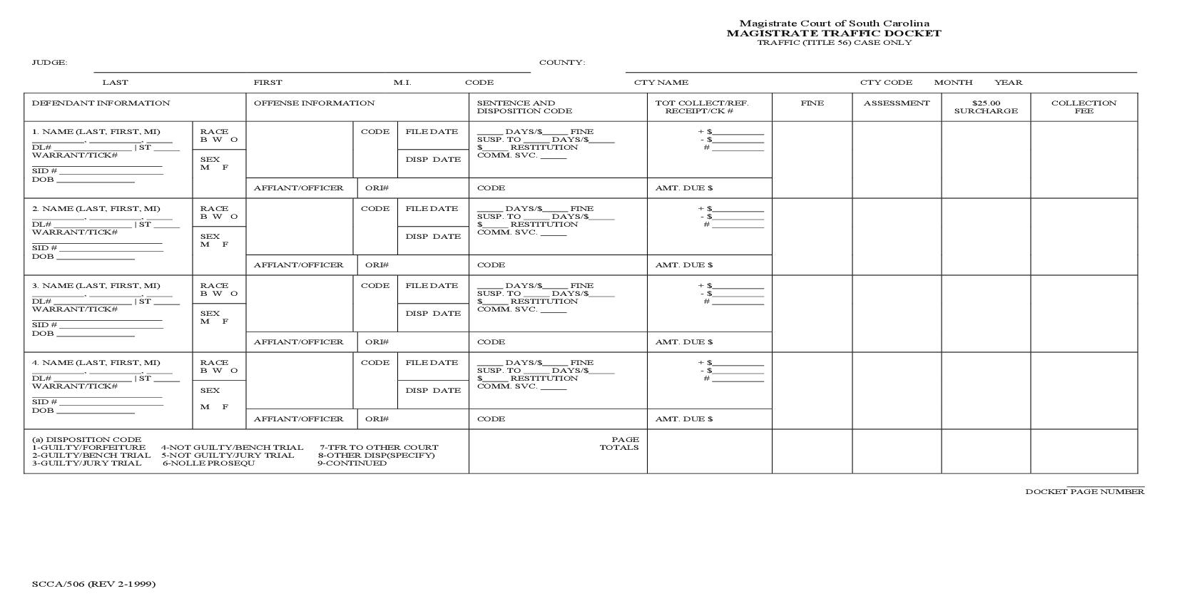 Magistrate Traffic Docket (Disposition Form) {SCCA-506} | Pdf Fpdf Doc Docx | South Carolina