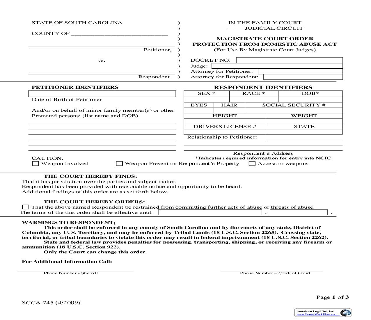 Magistrates Order Protection From Domestic Abuse Act {SCCA-745} | Pdf Fpdf Doc Docx | South Carolina