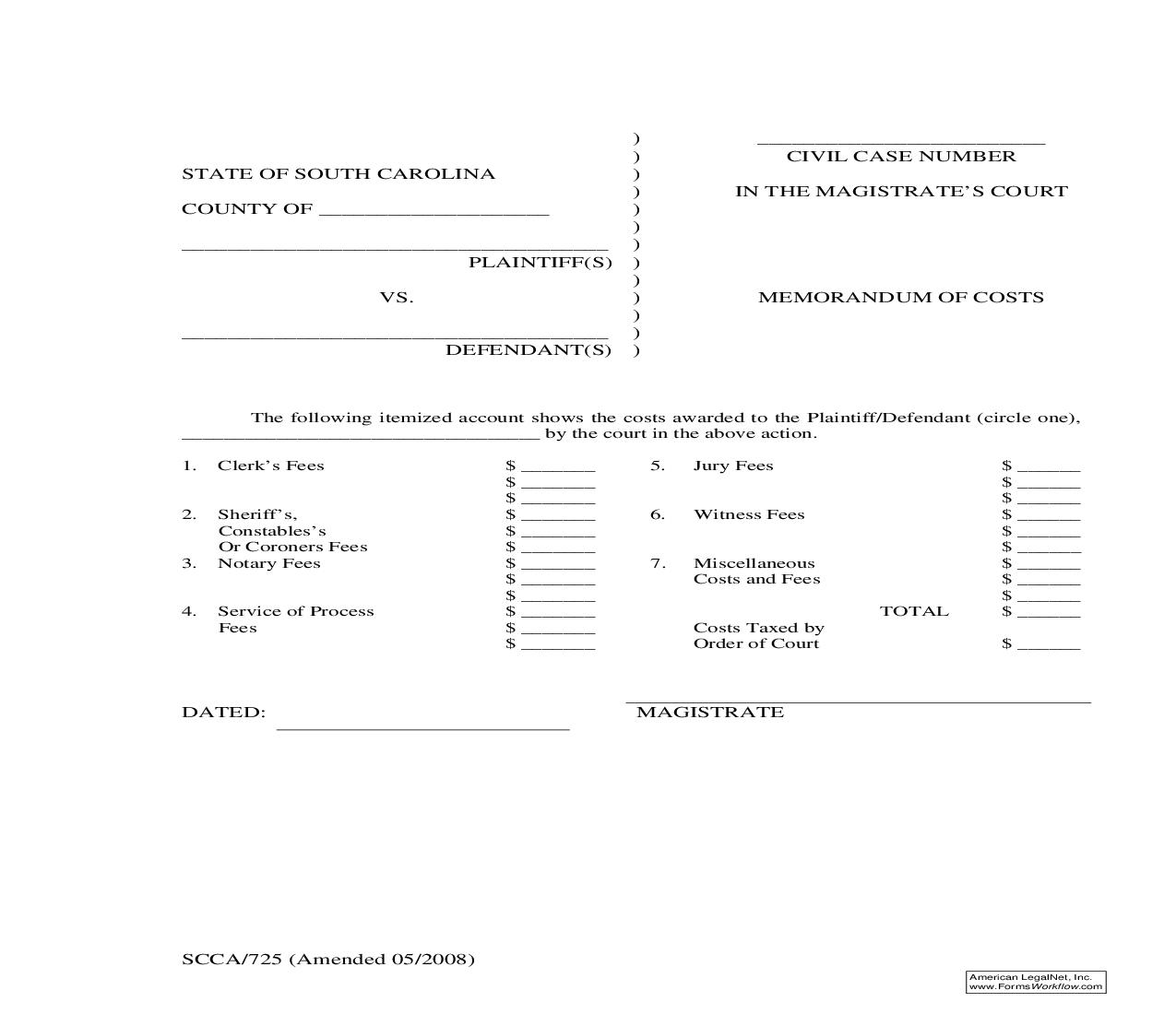Memorandum Of Costs {SCCA-725} | Pdf Fpdf Doc Docx | South Carolina