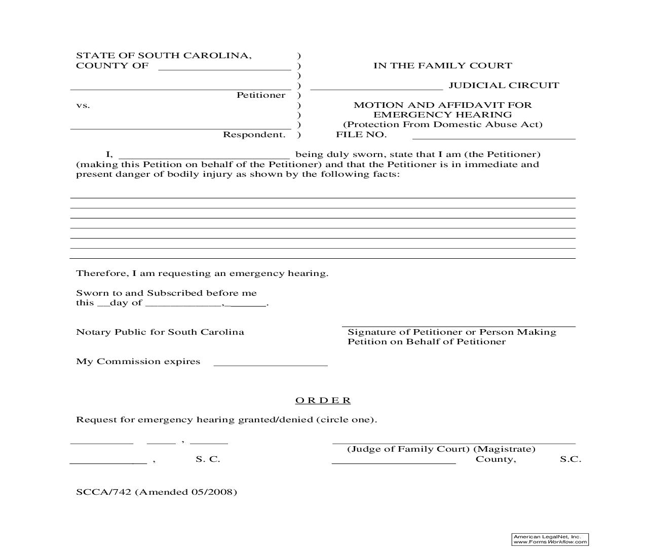 Motion And Affidavit For Emergency Hearing (Protection From Domestic Abuse Act) {SCCA-742} | Pdf Fpdf Doc Docx | South Carolina