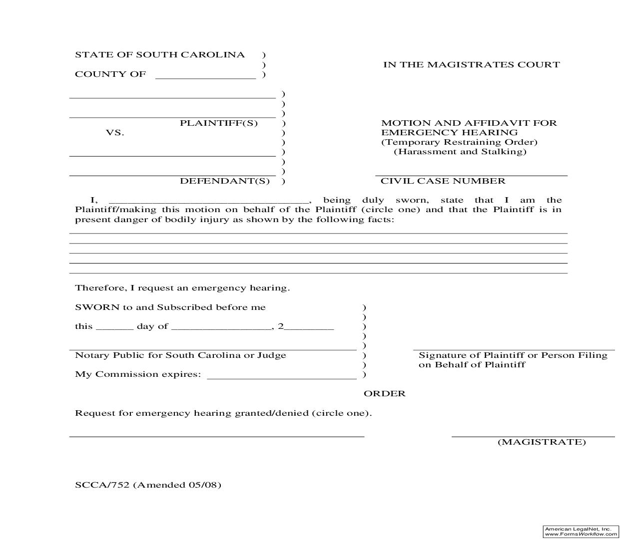 Motion And Affidavit For Emergency Hearing (Temporary Restraining Order) {SCCA-752} | Pdf Fpdf Doc Docx | South Carolina