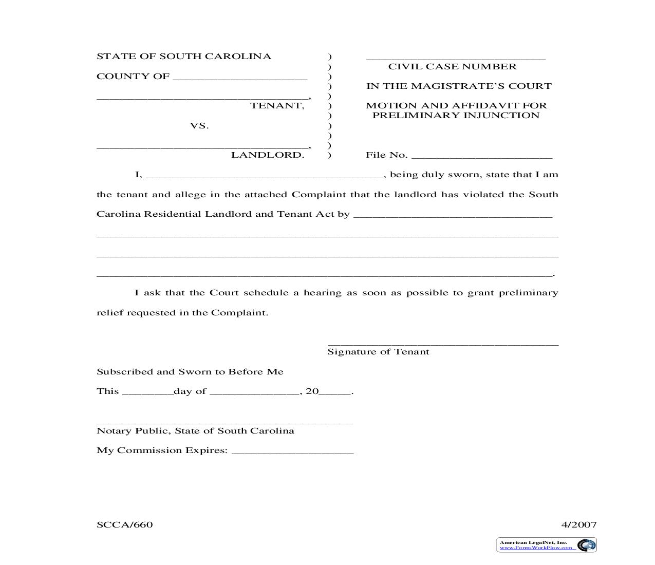 Motion And Affidavit For Preliminary Injunction {SCCA-660} | Pdf Fpdf Doc Docx | South Carolina