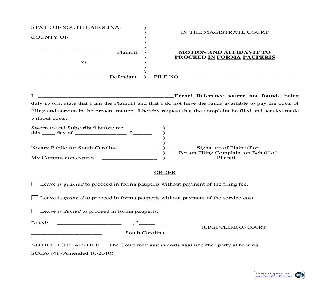 Motion And Affidavit To Proceed In Forma Pauperis {SCCA-741} | Pdf Fpdf Doc Docx | South Carolina