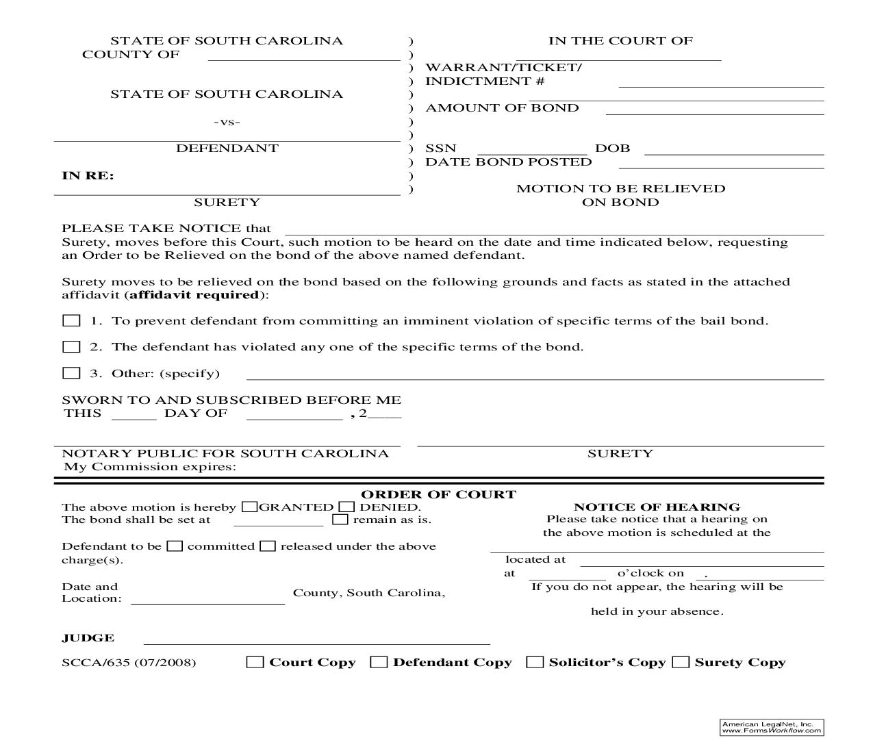 Motion To Be Relieved On Bond {SCCA-635} | Pdf Fpdf Doc Docx | South Carolina