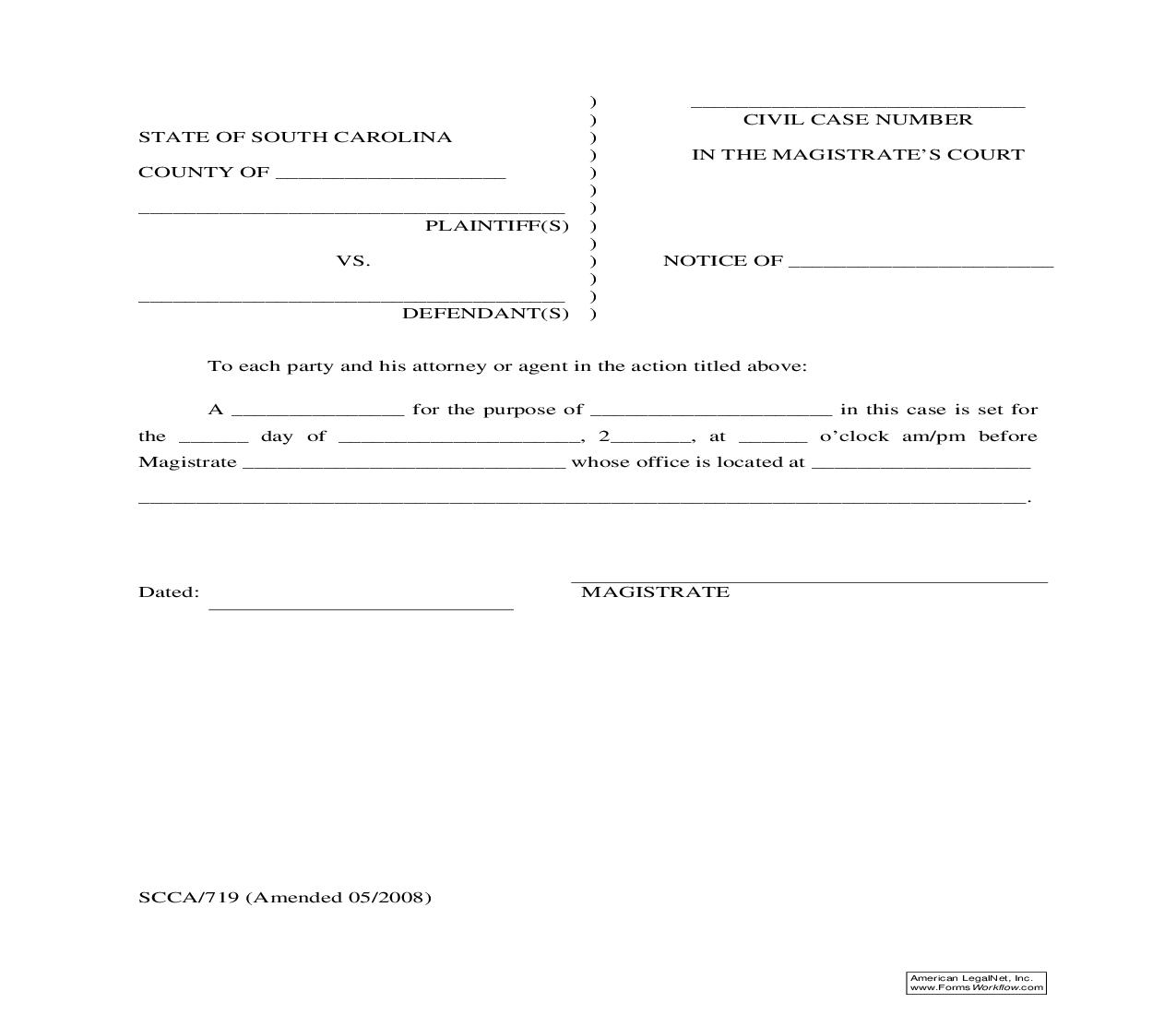 Notice (Of Trial Or Hearing Etc) {SCCA-719} | Pdf Fpdf Doc Docx | South Carolina