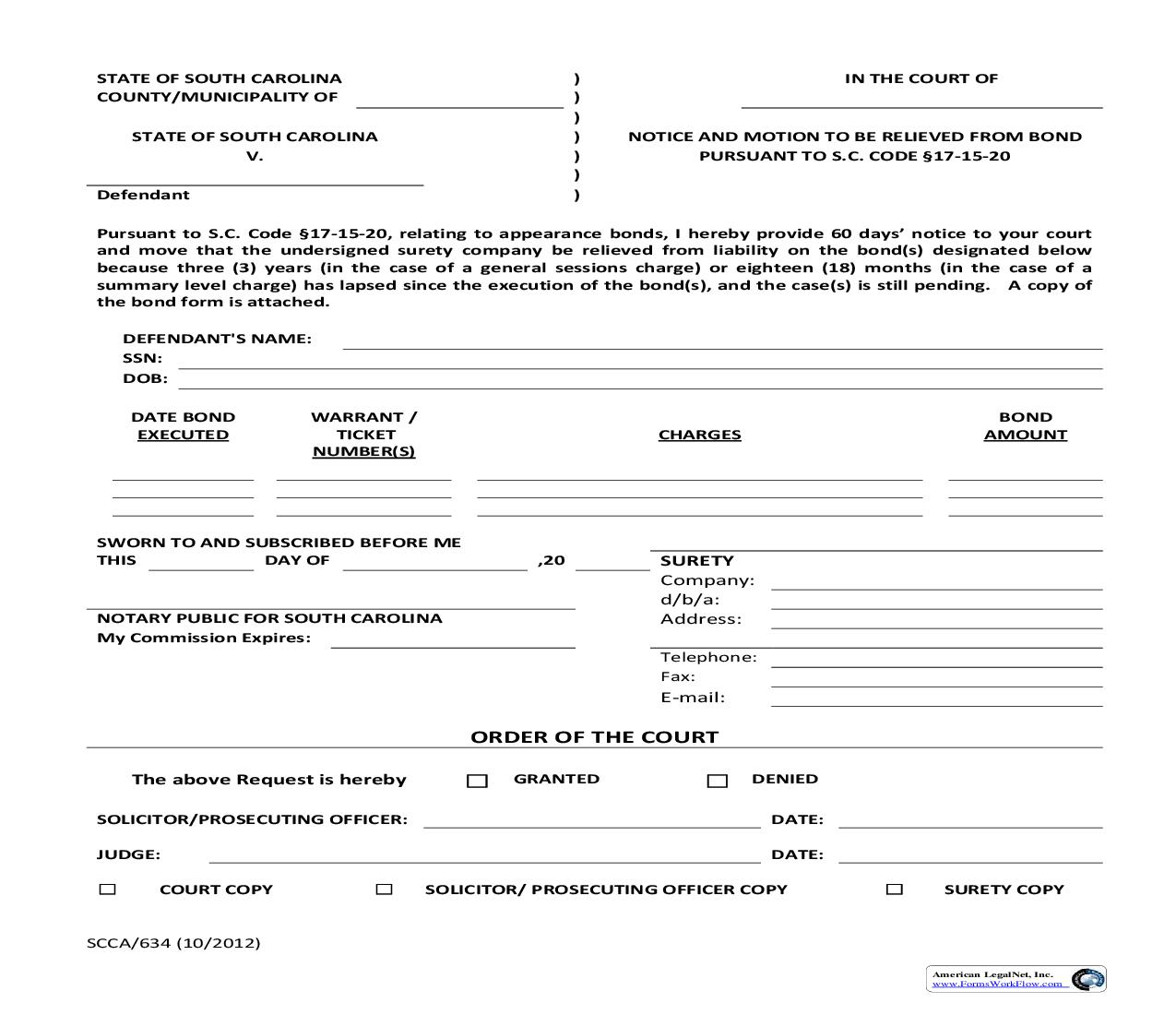 Notice And Motion To Be Relieved From Bond {SCCA-634} | Pdf Fpdf Doc Docx | South Carolina