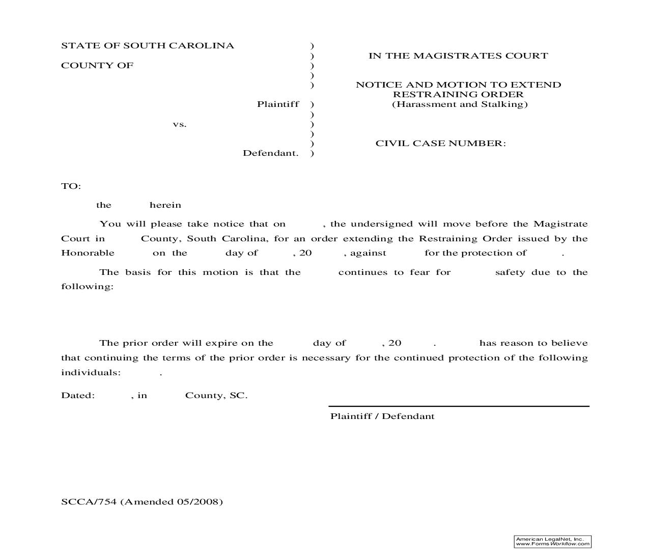 Notice And Motion To Extend Restraining Order {SCCA-754} | Pdf Fpdf Doc Docx | South Carolina