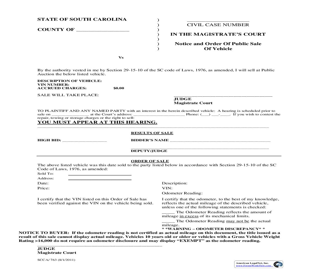 Notice And Order Of Public Sale Of Vehicle {SCCA-763} | Pdf Fpdf Doc Docx | South Carolina
