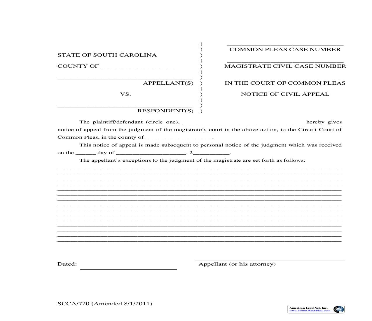 Notice Of Civil Appeal {SCCA-720} | Pdf Fpdf Doc Docx | South Carolina