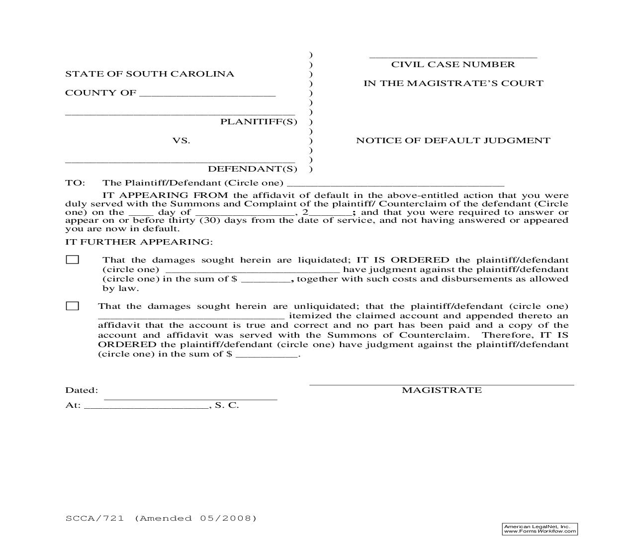 Notice Of Default Judgment {SCCA-721} | Pdf Fpdf Doc Docx | South Carolina
