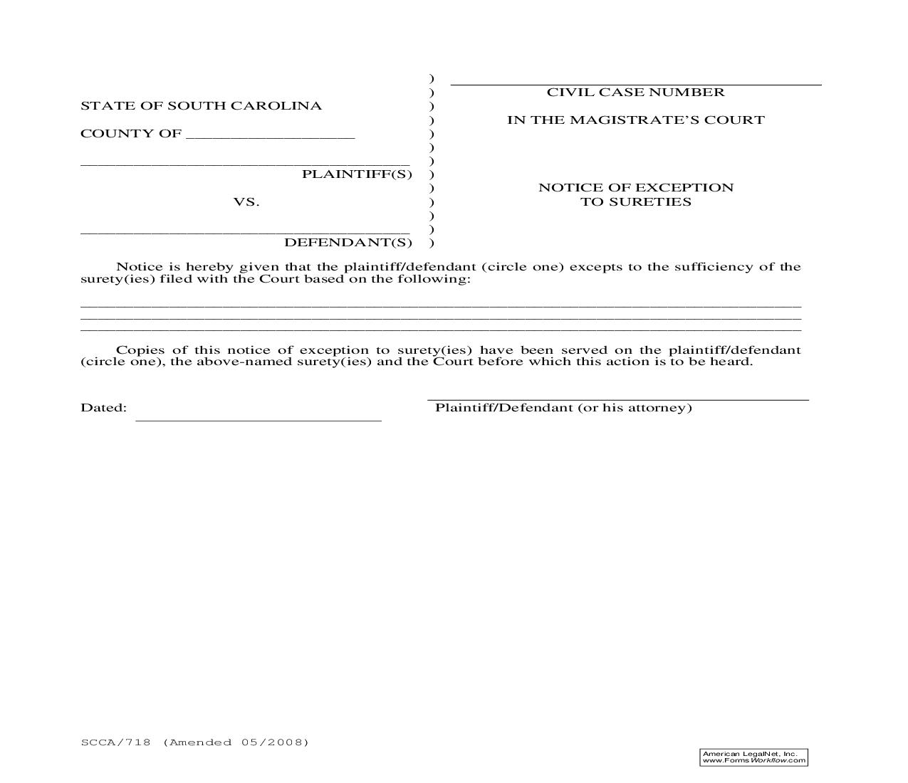 Notice Of Exception To Sureties {SCCA-718} | Pdf Fpdf Doc Docx | South Carolina