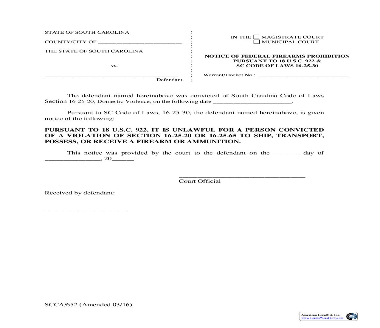 Notice Of Federal Firearms Prohibition {SCCA-652} | Pdf Fpdf Doc Docx | South Carolina