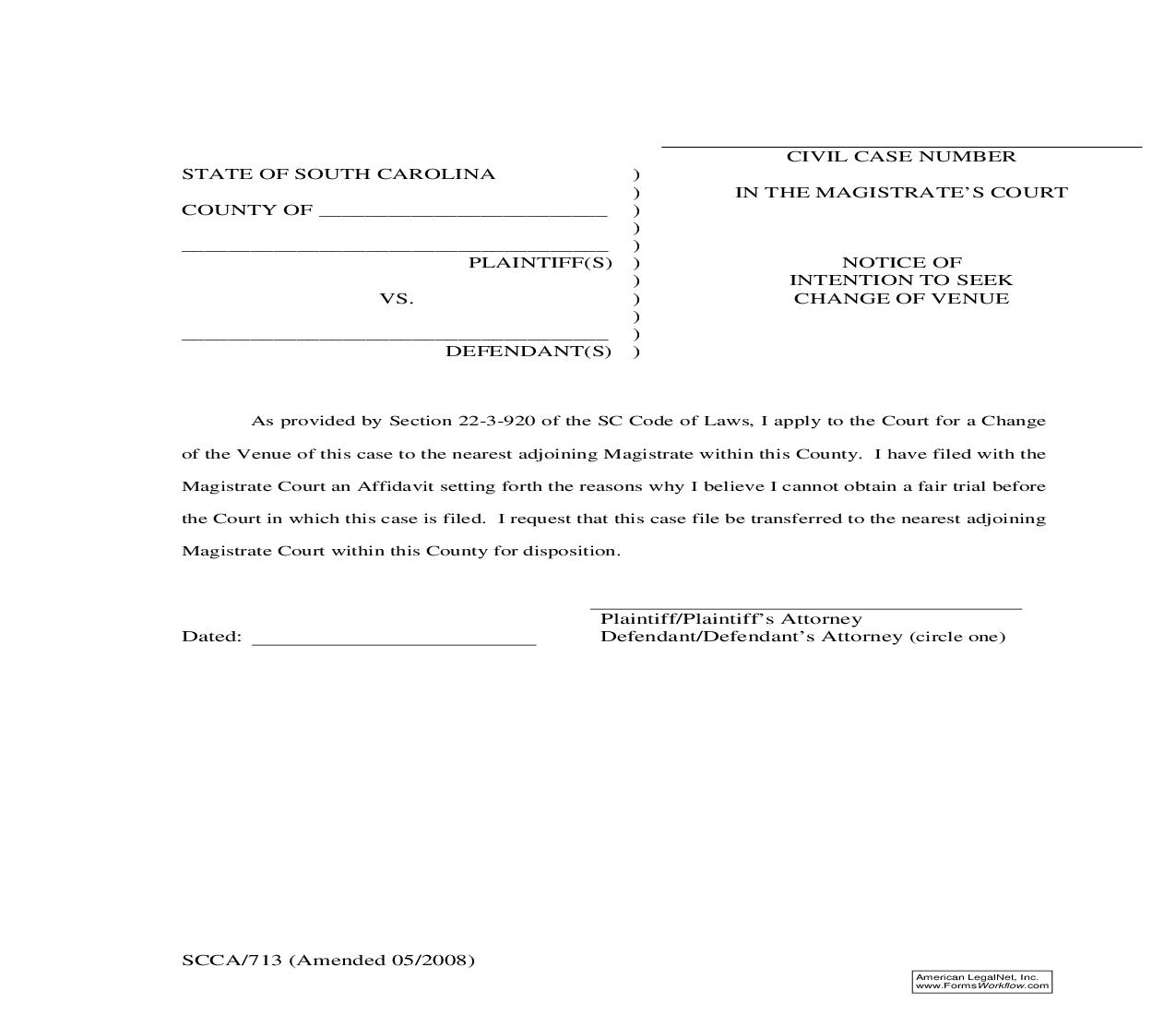 Notice Of Intention To Seek Change Of Venue {SCCA-713} | Pdf Fpdf Doc Docx | South Carolina