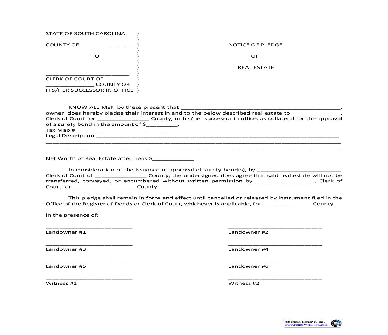 Notice Of Pledge Of Real Estate {SCCA-282} | Pdf Fpdf Doc Docx | South Carolina