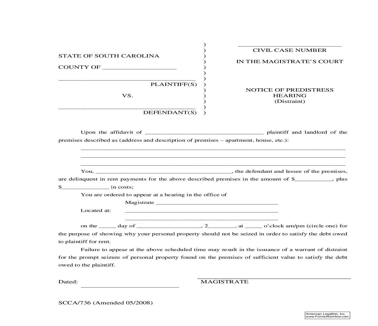 Notice Of Predistress Hearing (Distraint) {SCCA-736} | Pdf Fpdf Doc Docx | South Carolina