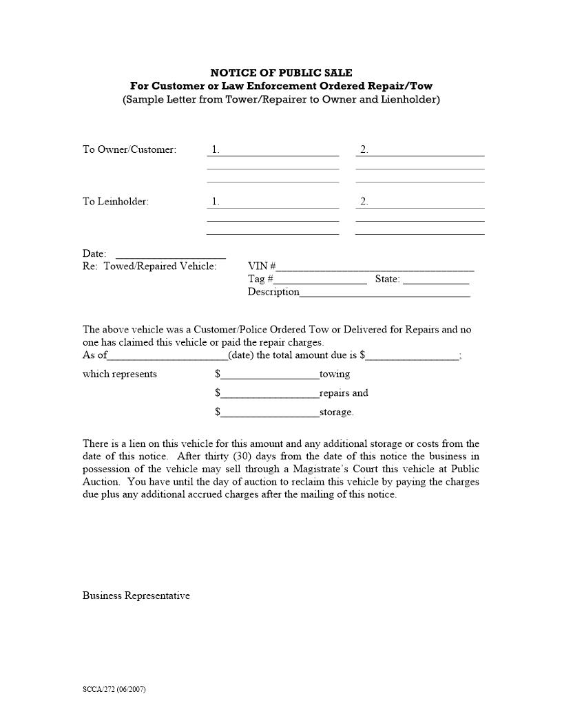 Notice Of Public Sale For Customer Or Law Enforcement Ordered Repair-Tow {SCCA-272} | Pdf Fpdf Docx | South Carolina
