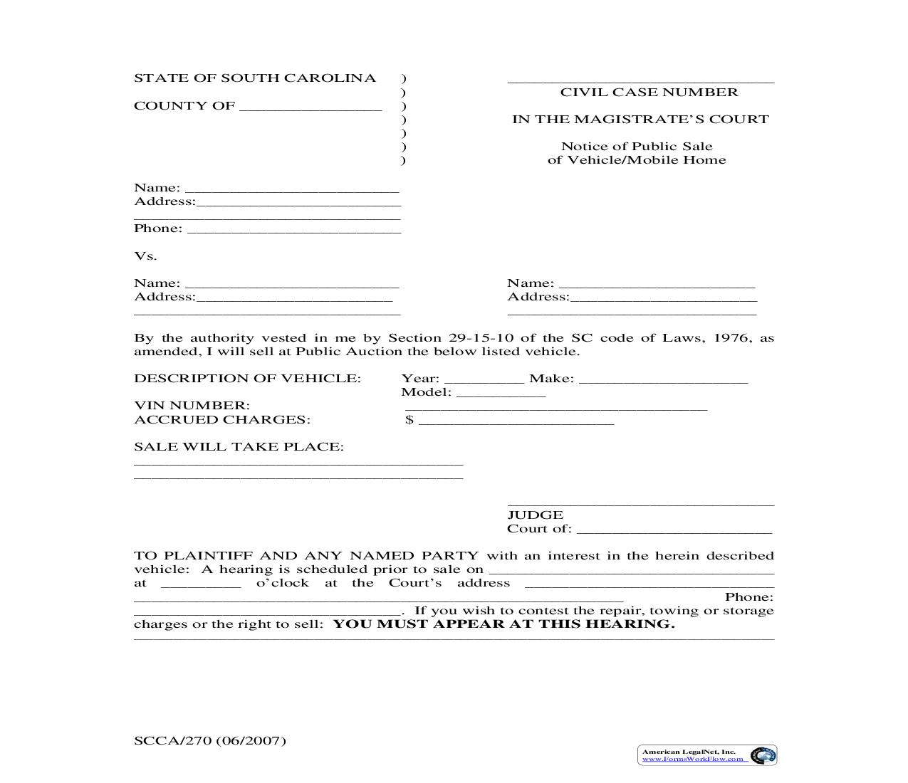Notice Of Public Sale Of Vehicle {SCCA-270} | Pdf Fpdf Doc Docx | South Carolina