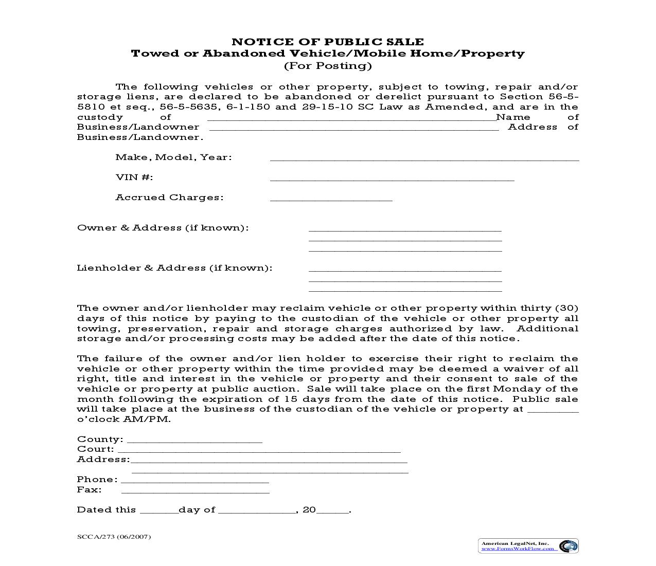 Notice Of Public Sale Towed Or Abandoned Vehicle-Property (For Posting) {SCCA-273} | Pdf Fpdf Doc Docx | South Carolina