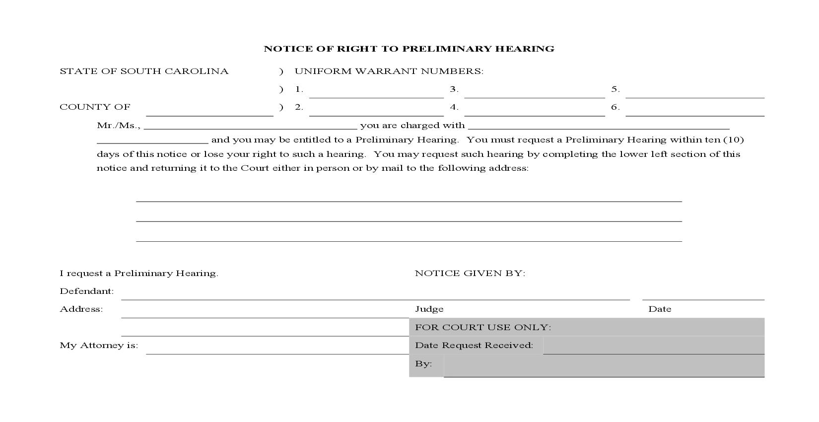 Notice Of Right To Preliminary Hearing {SCCA-512} | Pdf Fpdf Doc Docx | South Carolina