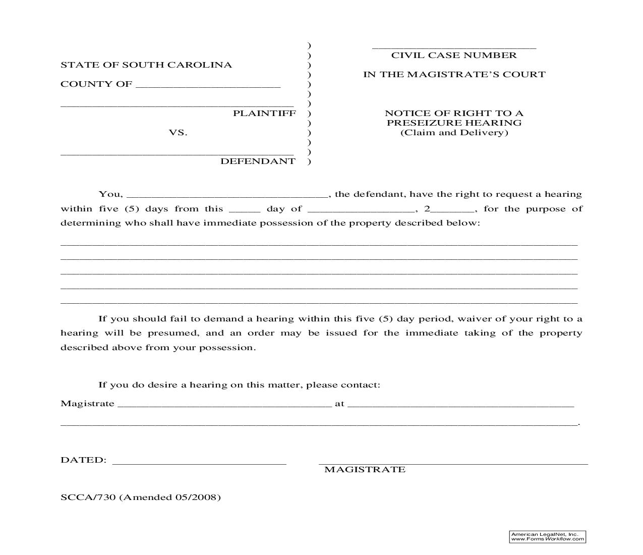 Notice Of Right To Preseizure Hearing (Claim And Delivery) {SCCA-730} | Pdf Fpdf Doc Docx | South Carolina
