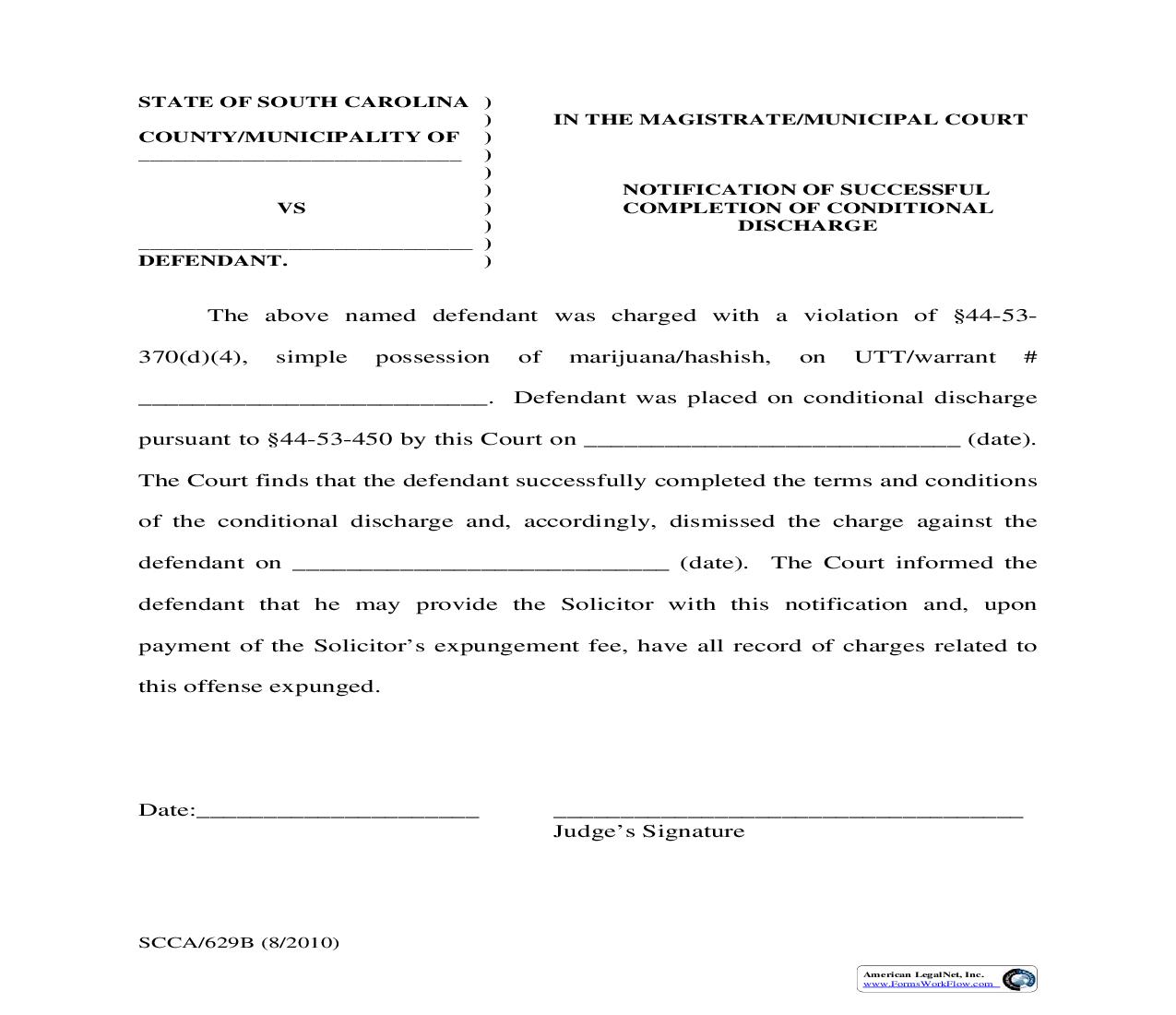 Notification Of Successful Completion Of Conditional Discharge {SCCA-629B} | Pdf Fpdf Doc Docx | South Carolina