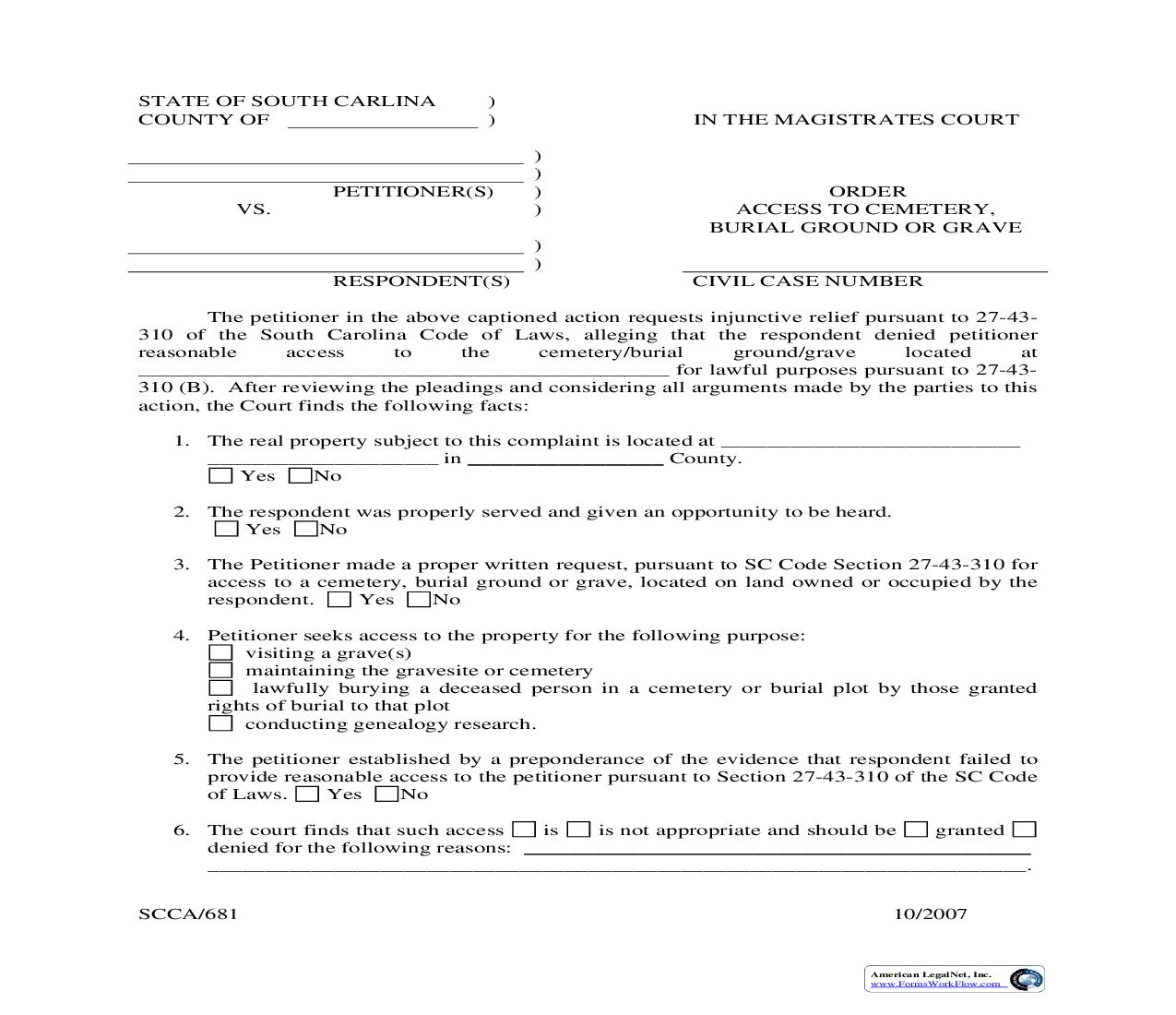 Order Access To Cemetary Burial Ground Or Grave {SCCA-681} | Pdf Fpdf Doc Docx | South Carolina