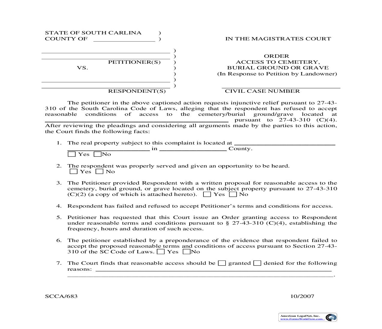 Order Access To Cemetary Burial Ground Or Grave (In Response To Petition) {SCCA-683} | Pdf Fpdf Doc Docx | South Carolina