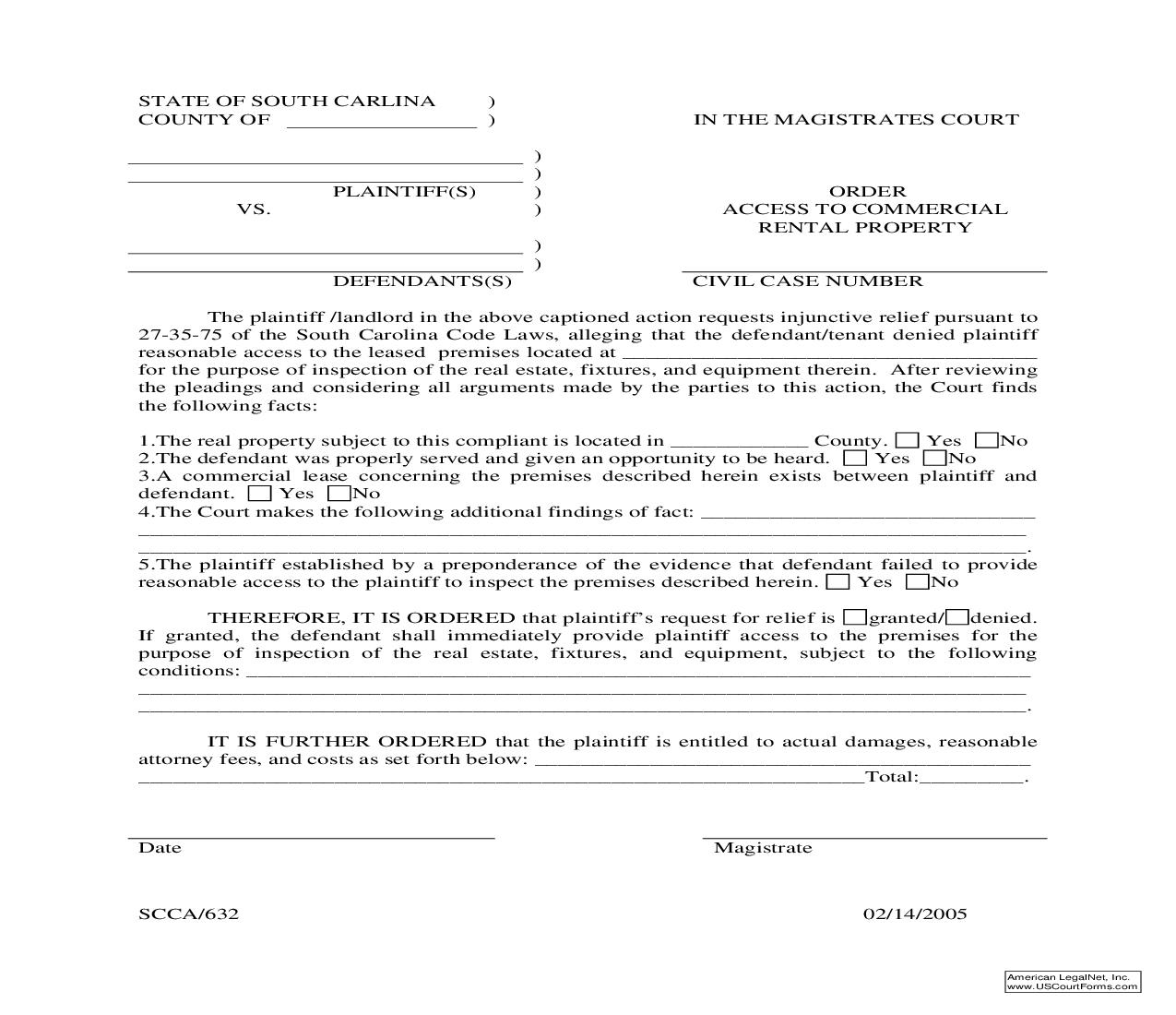 Order Access To Commercial Rental Property {SCCA-632} | Pdf Fpdf Doc Docx | South Carolina