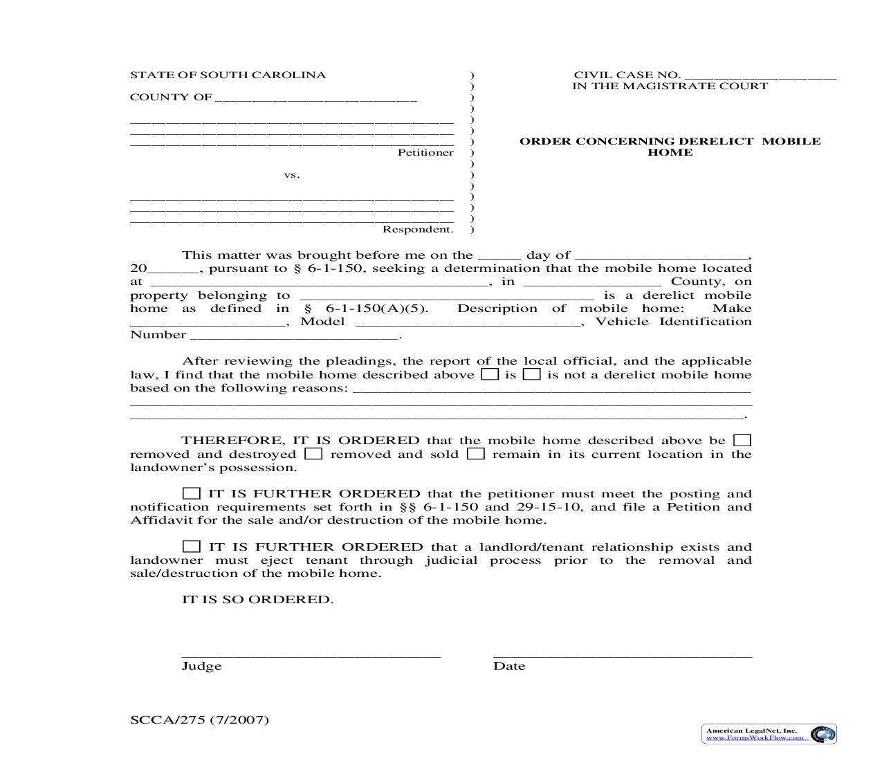 Order Concerning Derelict Mobile Home {SCCA-275} | Pdf Fpdf Doc Docx | South Carolina