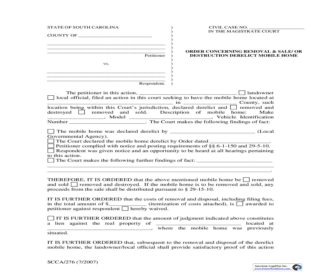 Order Concerning Removal And Sale-Or Destruction Derelict Mobile Home {SCCA-276} | Pdf Fpdf Doc Docx | South Carolina