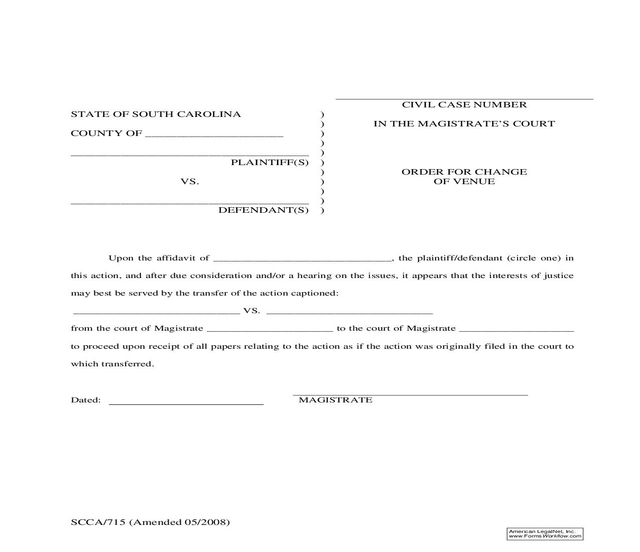 Order For Change Of Venue {SCCA-715} | Pdf Fpdf Doc Docx | South Carolina