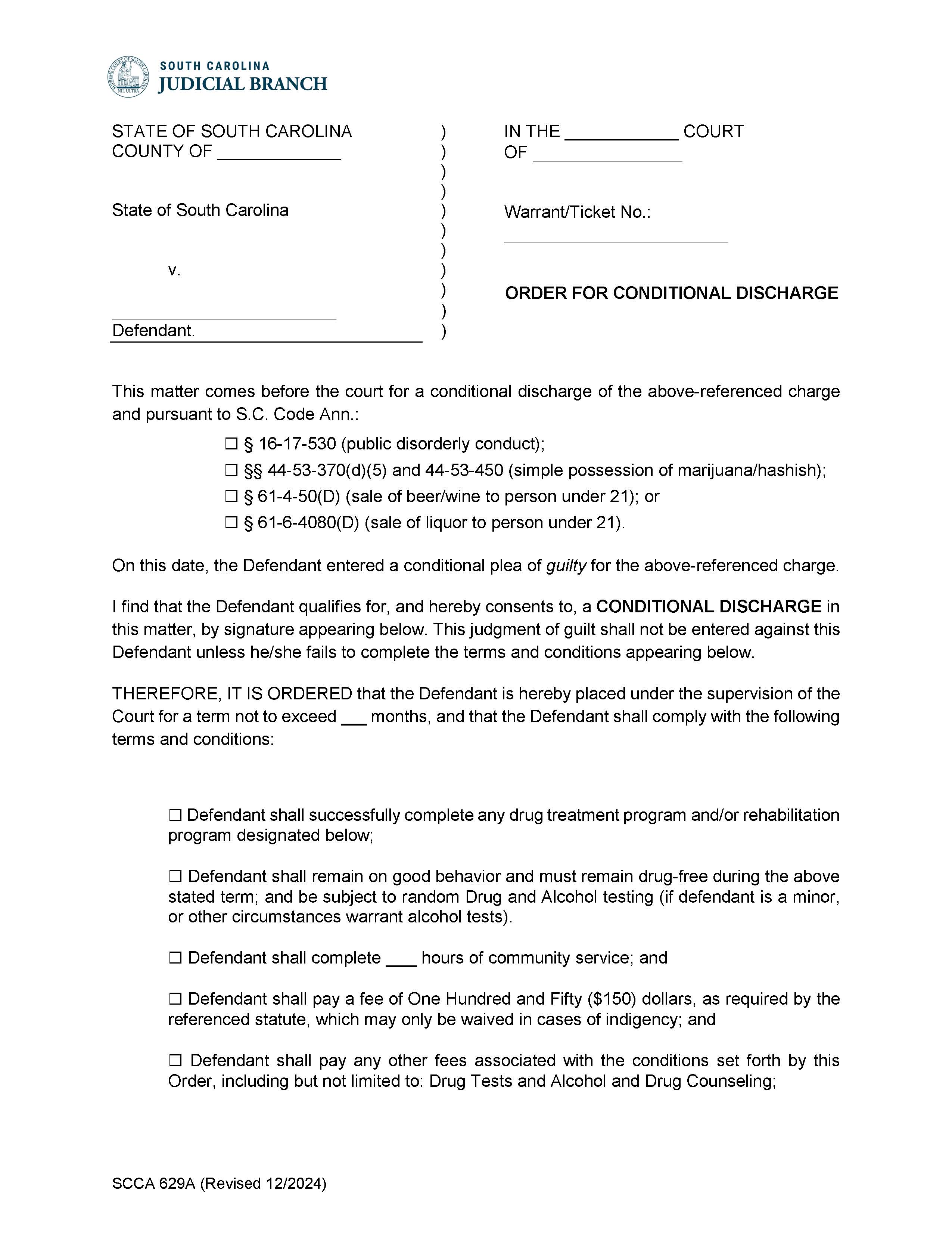 Order For Conditional Discharge {SCCA-629A} | Pdf Fpdf Doc Docx | South Carolina