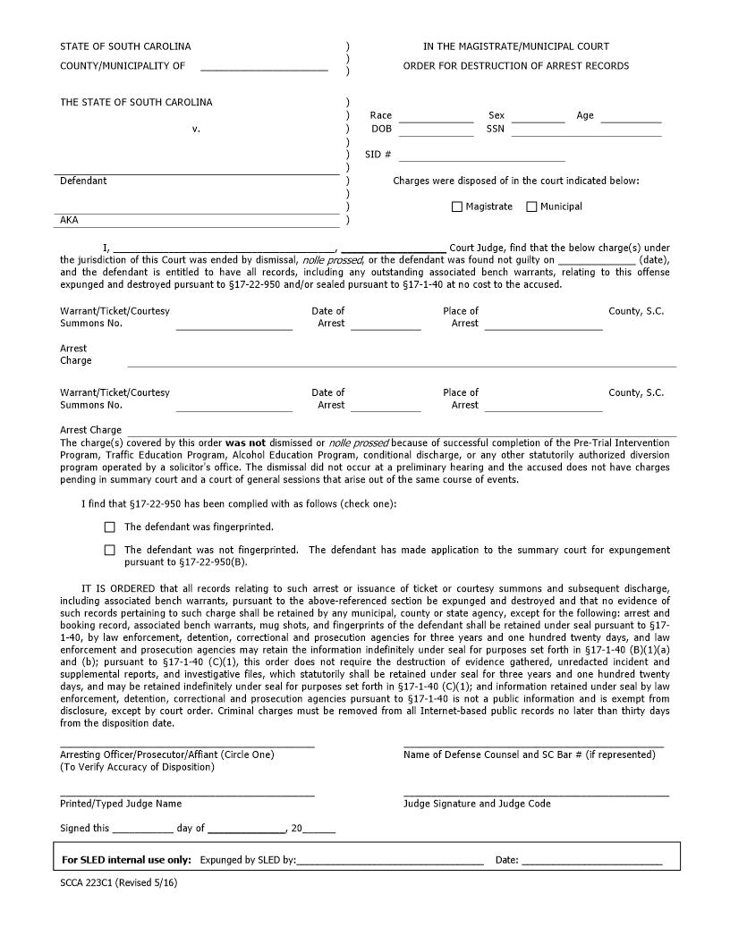 Order For Destruction Of Arrest Records (Magistrate-Municipal Court) {SCCA223C1} | Pdf Fpdf Docx | South Carolina