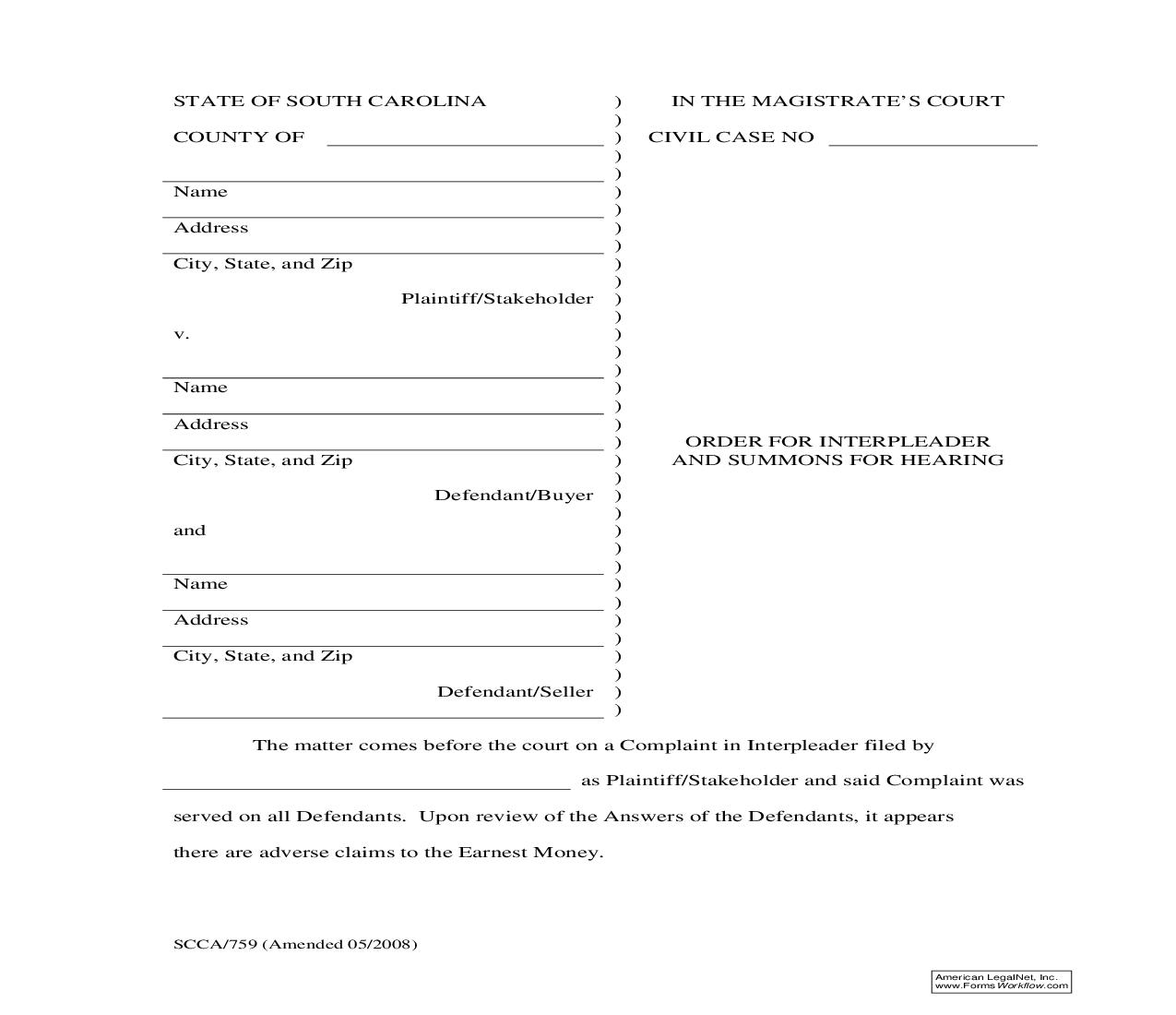 Order For Interpleader And Summons For Hearing {SCCA-759} | Pdf Fpdf Doc Docx | South Carolina