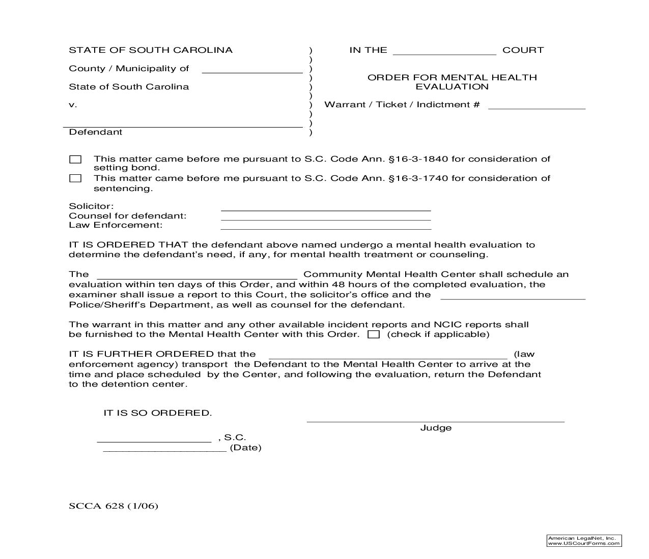 Order For Mental Health Evaluation {SCCA-628} | Pdf Fpdf Doc Docx | South Carolina