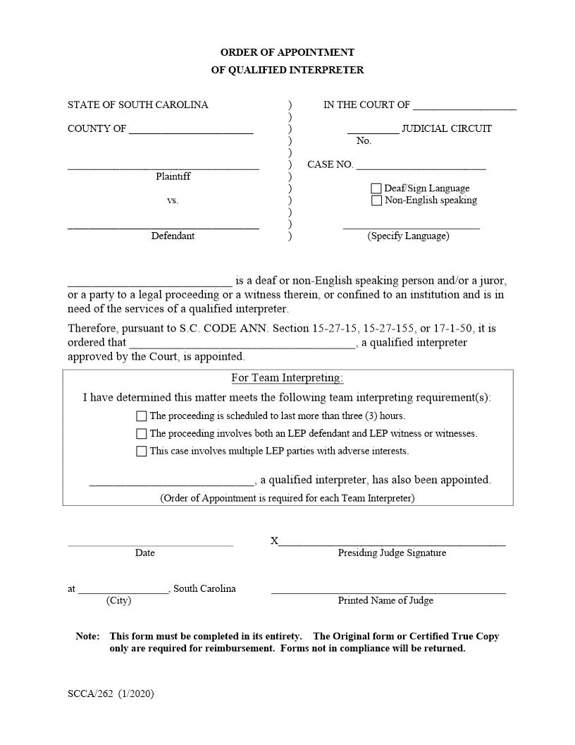 Order Of Appointment Of Qualified Interpreter (For Deaf Person And Non-English Speaking) {SCCA-262} | Pdf Fpdf Doc Docx | South Carolina