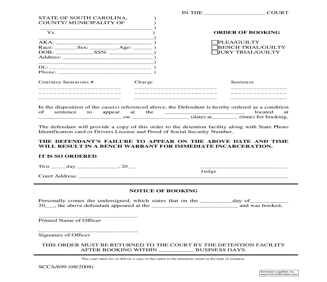 Order Of Booking {SCCA-699} | Pdf Fpdf Doc Docx | South Carolina