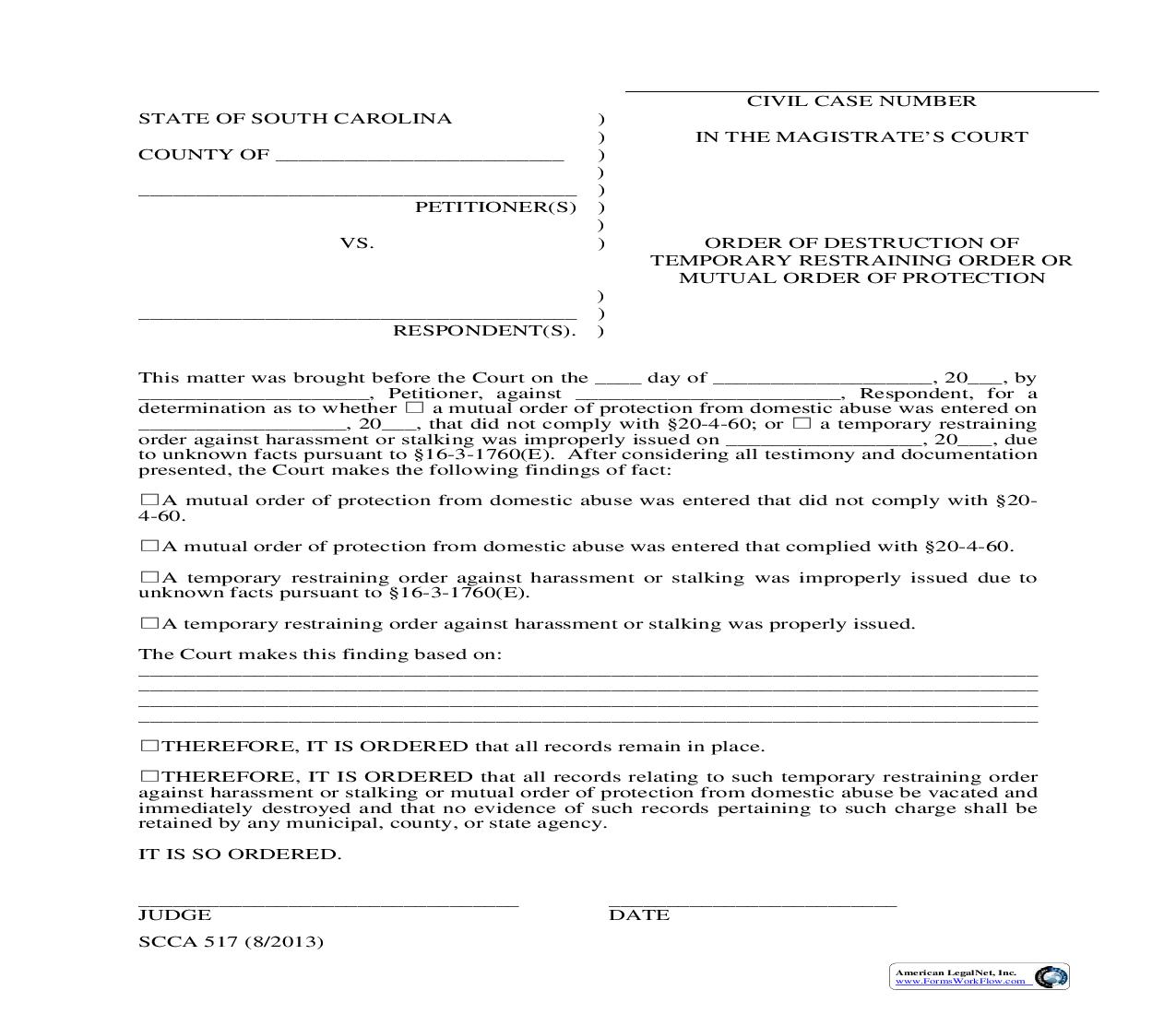 Order Of Destruction Of Temporary Restraining Order Or Mutual Order Of Protection  {SCCA 517} | Pdf Fpdf Doc Docx | South Carolina
