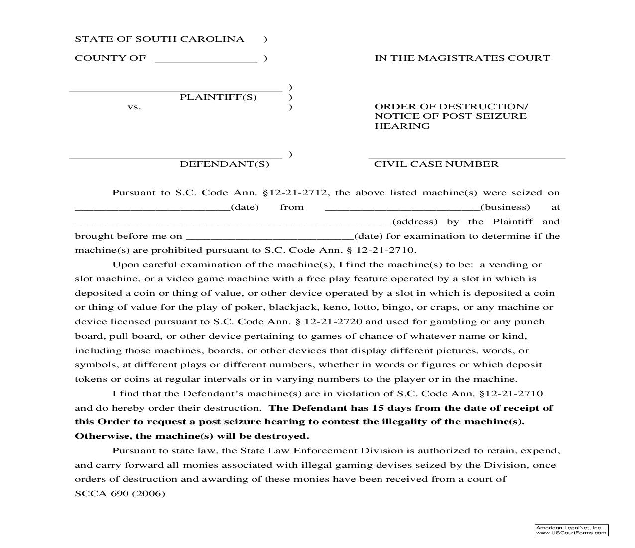 Order Of Destruction-Notice Of Post Seizure Hearing {SCCA-690} | Pdf Fpdf Doc Docx | South Carolina
